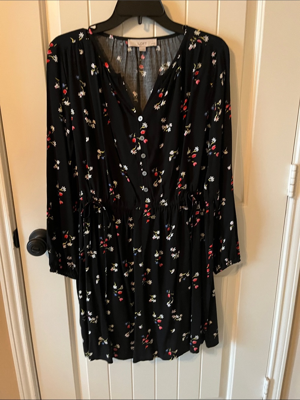 LOFT Black Floral Buttoned Long-Sleeve Dress with Red and White Blossoms